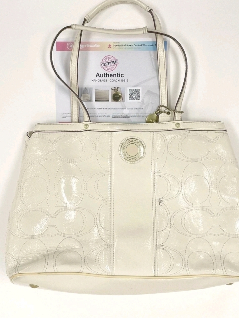 Coach Cream Patent Signature Tote with Gold-Tone Hardware